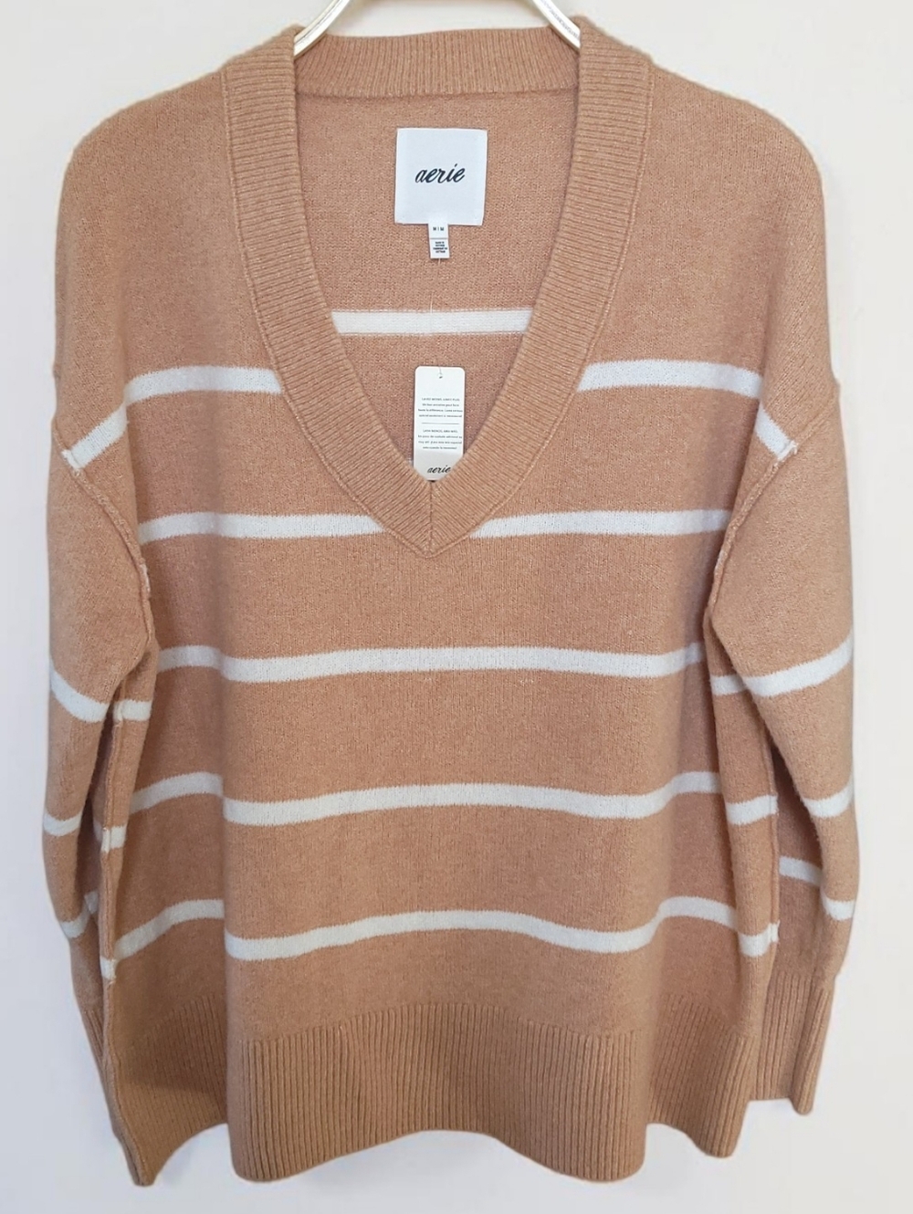 aerie Stiped Tan & Cream V-Neck Sweater Oversized Cozy Soft Fall Women's Medium